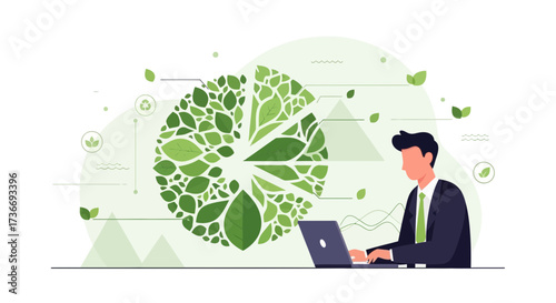 Illustrative representation of environmental analysis using a computer and green graphic