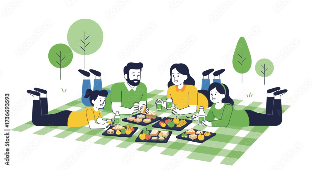 Fototapeta premium Illustrative vector image of a family enjoying a picnic together in a park landscape