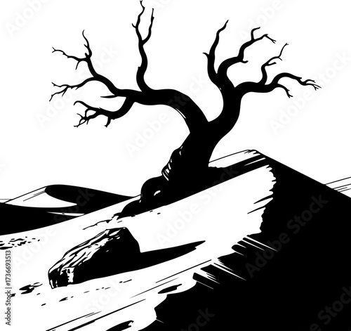 Desert Silhouette A stark black and white tree on a sandy dune with a rock