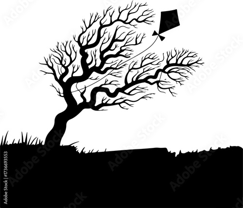 Evocative black silhouette artwork featuring a resilient, bare tree and a soaring kite, capturing the essence of freedom and the powerful force of nature