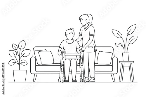 Nurse assisting elderly person with walker on sofa