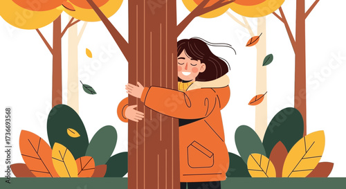 Illustration of a woman hugging a tree in an autumn forest, nature and environment