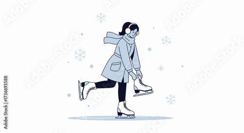 Illustration of a woman ice skating outdoors in winter with snowflakes falling around