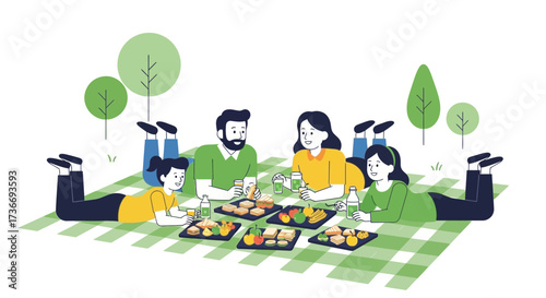 Illustrative vector image of a family enjoying a picnic together in a park landscape