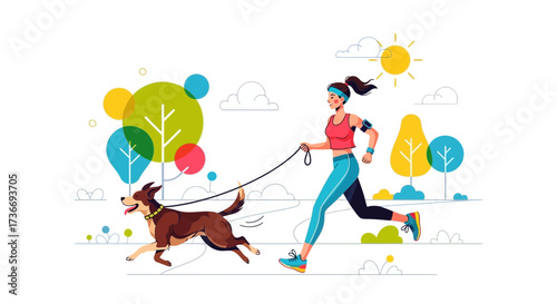 Illustration of a woman jogging with her dog in the park on a sunny day