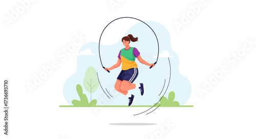 Illustration of a woman jumping rope in a park for fitness and health purposes