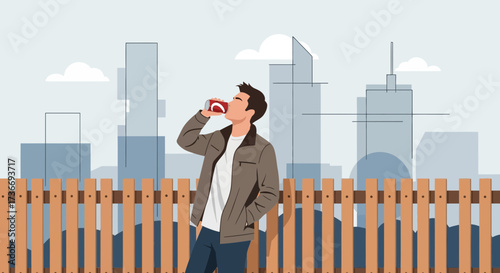Individual Enjoying Beverage Outdoors against a Cityscape Backdrop