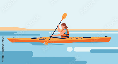 Illustration of a woman kayaking on the sea or lake with beautiful landscape and ocean illustration