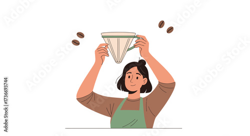 Illustration of a woman making coffee with coffee beans flying around a filter