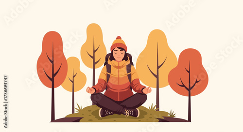 Illustration of a woman meditating calmly in nature surrounded by autumn trees
