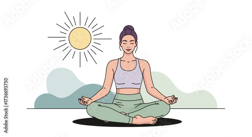 Illustration of a woman meditates outdoors with sun and serenity in the background