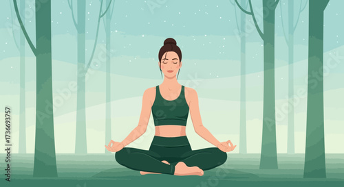 Illustration of a woman meditating in a serene forest environment for wellness concept