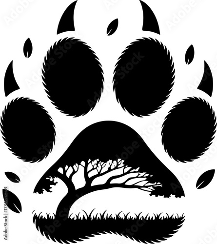 Paw Print with Tree and Grass Silhouette Nature Animal Lover Graphic