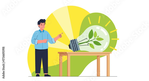 Innovative green energy concept with a man presenting a light bulb with a plant inside