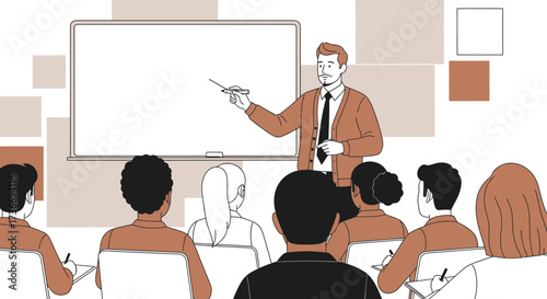 Instructor Leading Presentation To Audience In Lecture Hall, Teacher Teaching Lesson