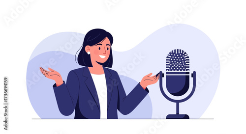 Illustration of a woman podcasting with a microphone in a minimalist style