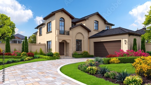 Elegant suburban house with landscaped garden and driveway under a clear blue sky, showcasing modern architecture