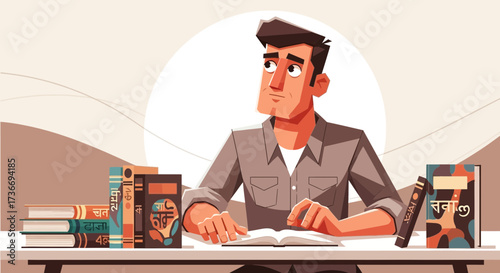 Introspective Male Seated At Desk Surrounded By Books Gazing Upwards With Focus
