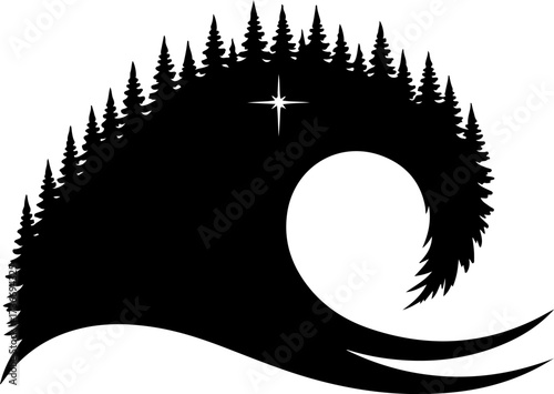Captivating vector silhouette showcasing a serene forest landscape shaped into a dynamic ocean wave under a single shining star