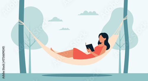 Illustration of a woman relaxing in a hammock while reading a book outdoors