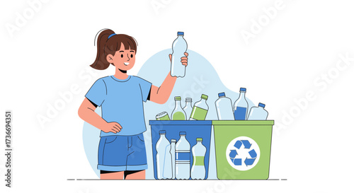 Illustration of a woman recycling plastic bottles for environmental protection