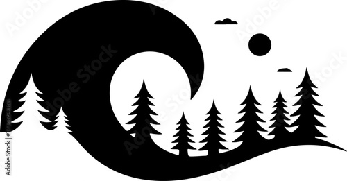 A black silhouette vector illustration featuring a tranquil forest and dynamic ocean wave under a minimalist sky