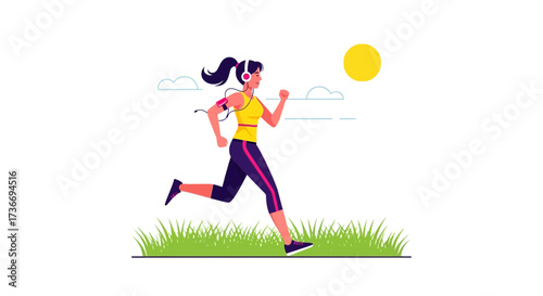 Illustration of a woman running in the park with earphones, enjoying a sunny day for exercise