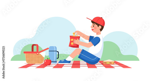 Joyful Afternoon: Young Person Relaxes And Eats Snacks Outdoors In The Sunshine