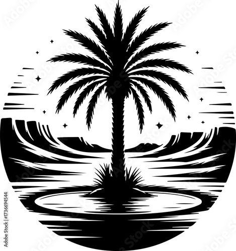 Striking black vector illustration of a palm tree silhouette in a desert oasis under a starry night sky
