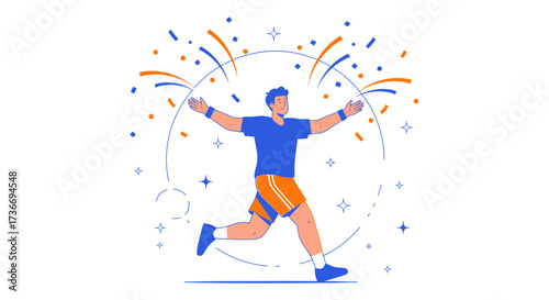 Joyful Athlete Celebrating Victory with Bursting Confetti and Fireworks Around Vector Illustration
