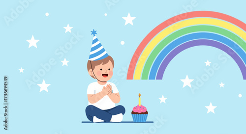 Joyful Birthday Celebration Illustration with a Rainbow Cake and Cheerful Boy