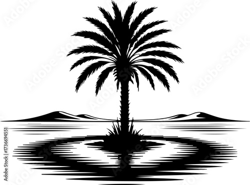 Striking Black Silhouette Vector Illustration of a Palm Tree and Desert Landscape