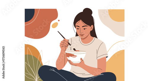 Illustration of a woman seated and eating from a bowl with a chopstick in hand