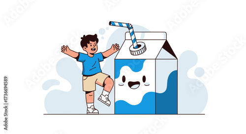 Joyful Boy Celebrating Near Smiling Milk Carton with Stripped Straw and Milk Drops