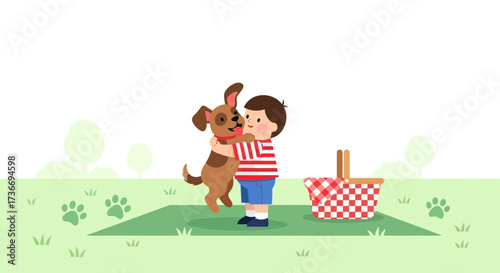 Joyful Boy Embraces Playful Canine Companion Amidst Picnic Essentials In A Park