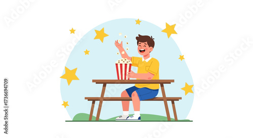 Joyful Boy Enjoying Snack Outdoors Under a Sky Adorned With Golden Stars