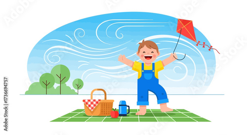 Joyful Boy Flying a Kite During Summer Picnic Day Under Blue Sky and Breezy Winds