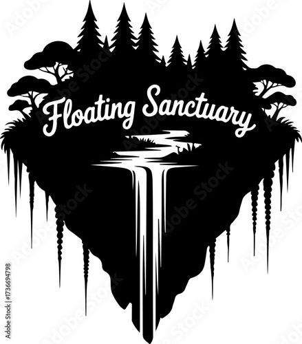 A striking black and white vector silhouette of a fantasy floating island with a forest and a majestic waterfall