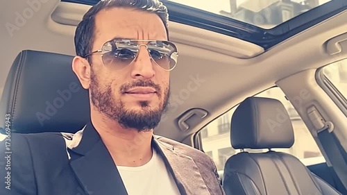 A man in sunglasses is sitting in a car
