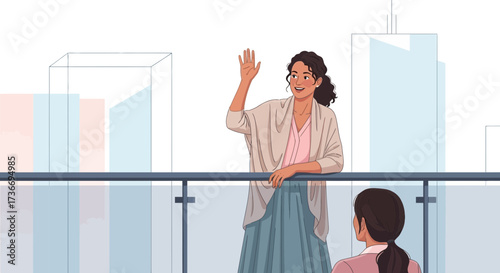 Illustration of a woman waving goodbye from a balcony with a friend