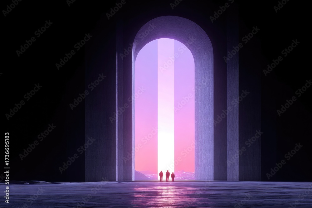 Fototapeta premium Majestic archway leads to vibrant sunset, silhouettes of figures