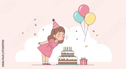 Joyful Celebration Depicts a Girl Relishing Birthday Wishes with Cake and Balloons