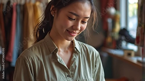 A woman is smiling and looking at something on her phone