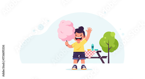 Joyful Child Celebrating Happiness While Holding Cotton Candy At Outdoor Picnic