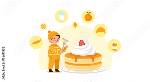 Joyful Child Eating Delicious Pancakes With Whipped Cream and Fruits Isolated Style