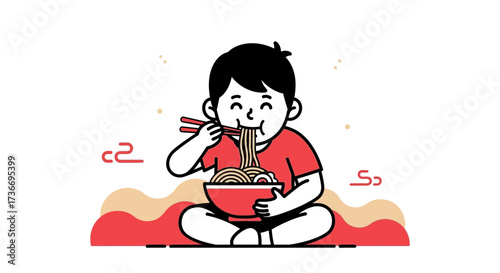 Joyful Child Eating Noodles, Anime Style Digital Illustration in Vivid and Appealing Design