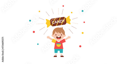 Joyful Child Excitedly Reaching Up Towards a Delicious Candy Bar Illustration