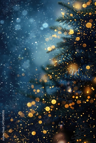 Christmas tree with golden lights and snowflakes falling in a dark blue background. The scene captures a festive winter atmosphere, vertical banner, copy space, free space for text