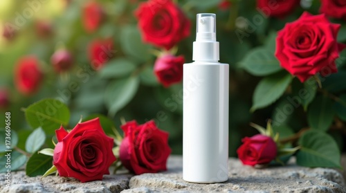White spray bottle with red roses and green leaves in soft focus background