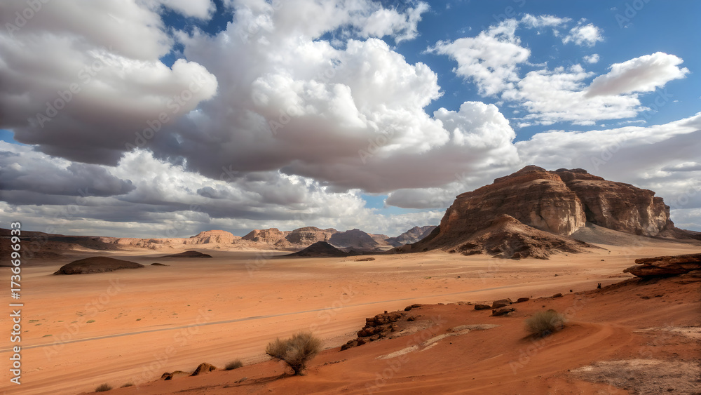 Fototapeta premium Vast desert landscape with dramatic clouds over sandstone mountains rock formations